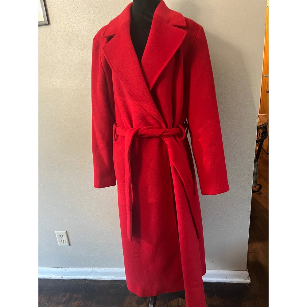 INC Wool Blend Wrap Trench Coat Womens XL Red Long Belted Minimalist Elegant